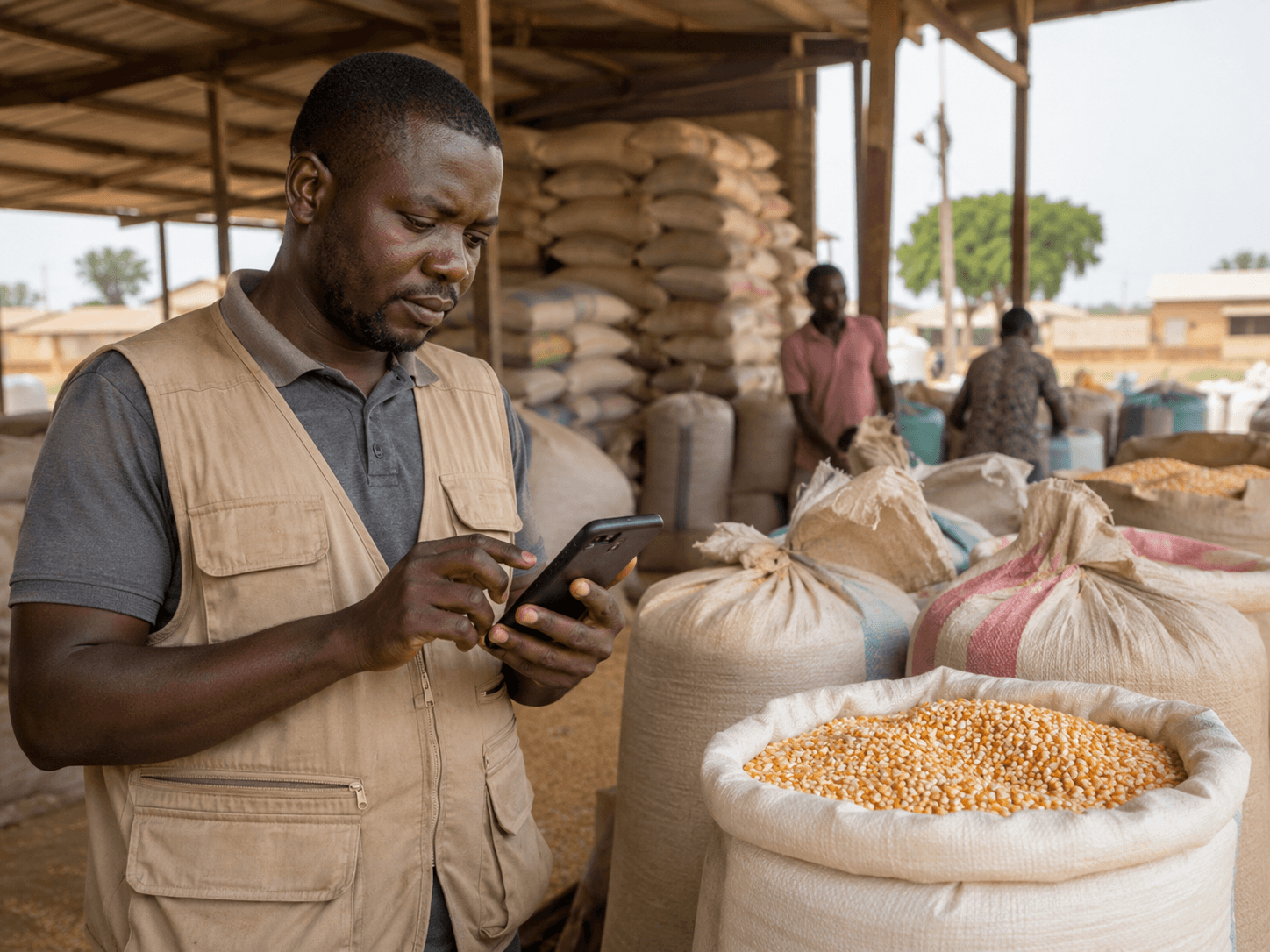 Agricultural aggregator recording grain intake on a mobile device