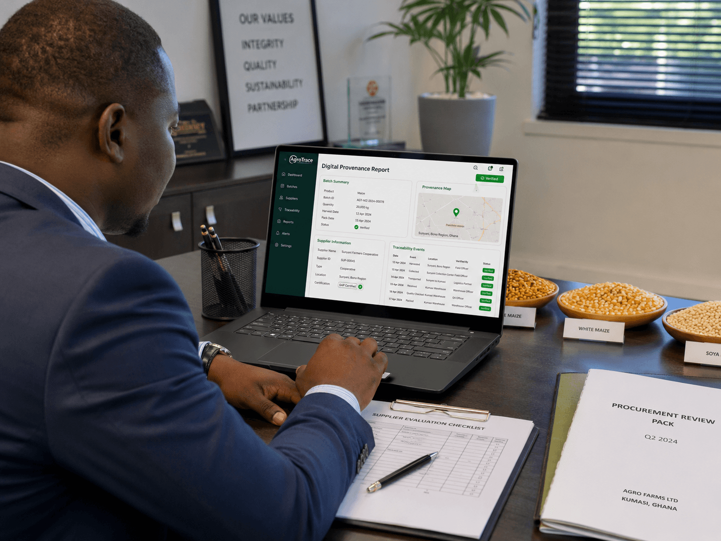 Enterprise buyer reviewing digital provenance report on a laptop