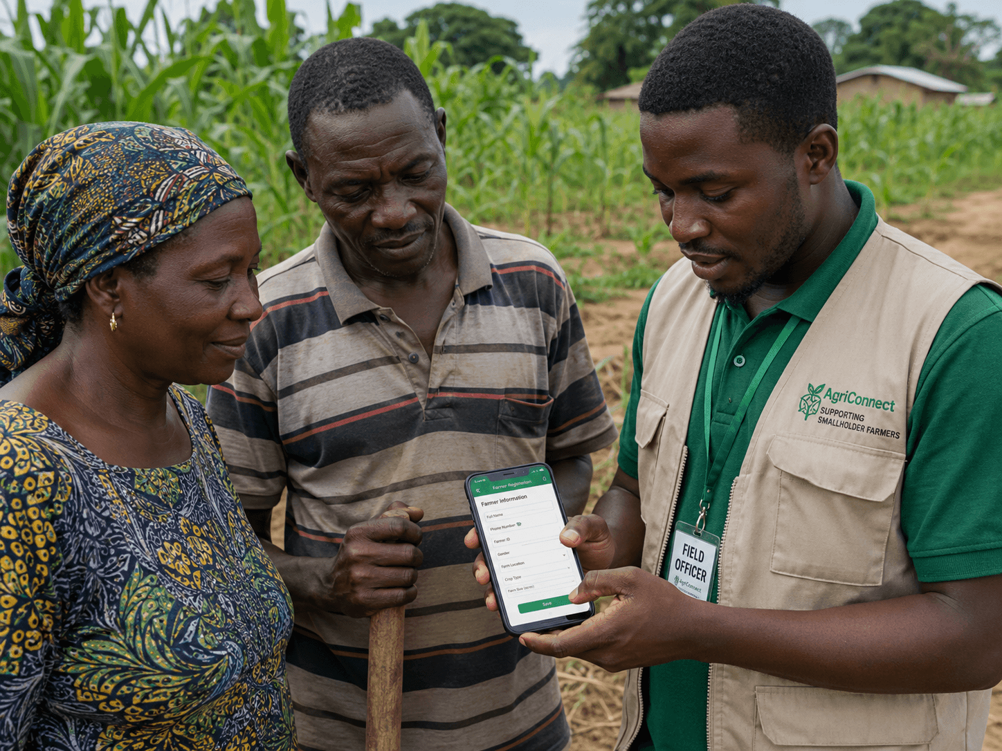 NGO field officer registering smallholder farmers on a mobile device