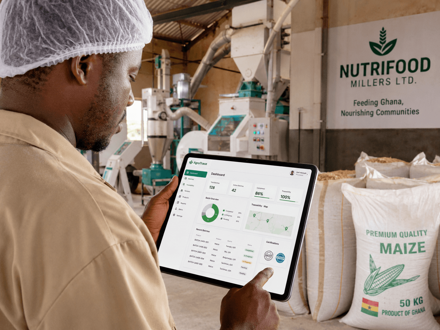 Food processor reviewing AgroTrace dashboard on a tablet
